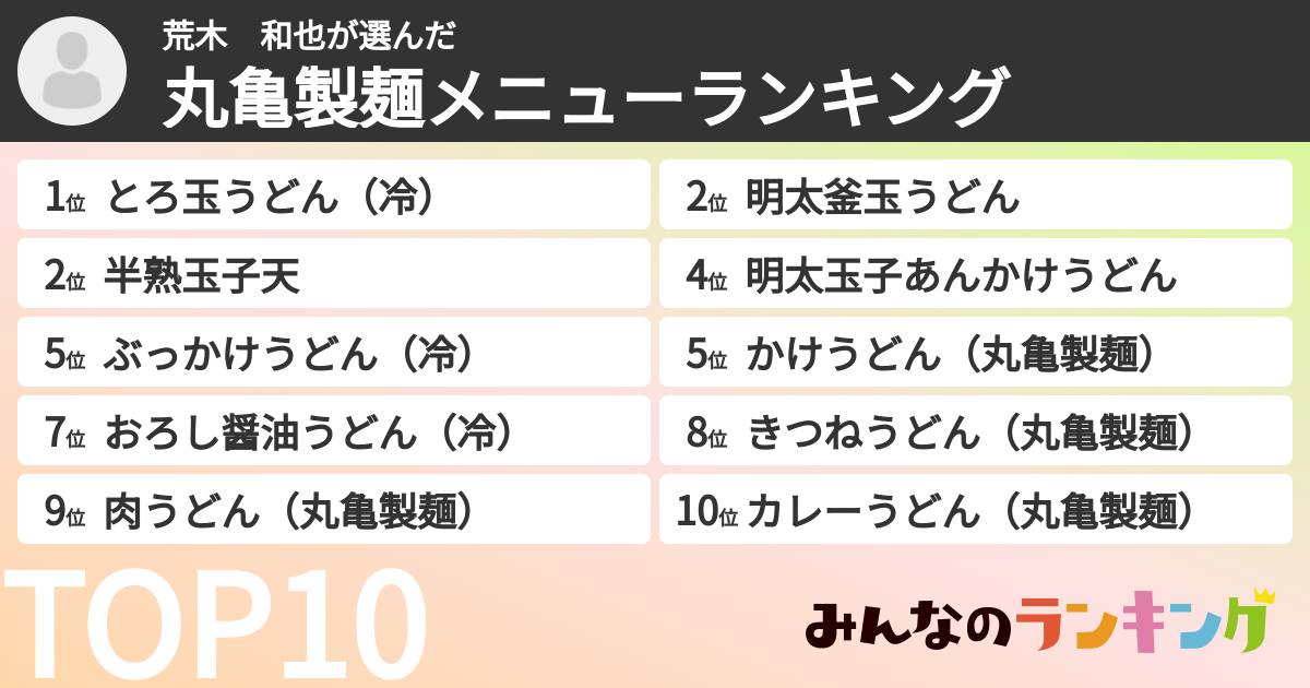 荒木　和也さんの「丸亀製麺メニューランキング」