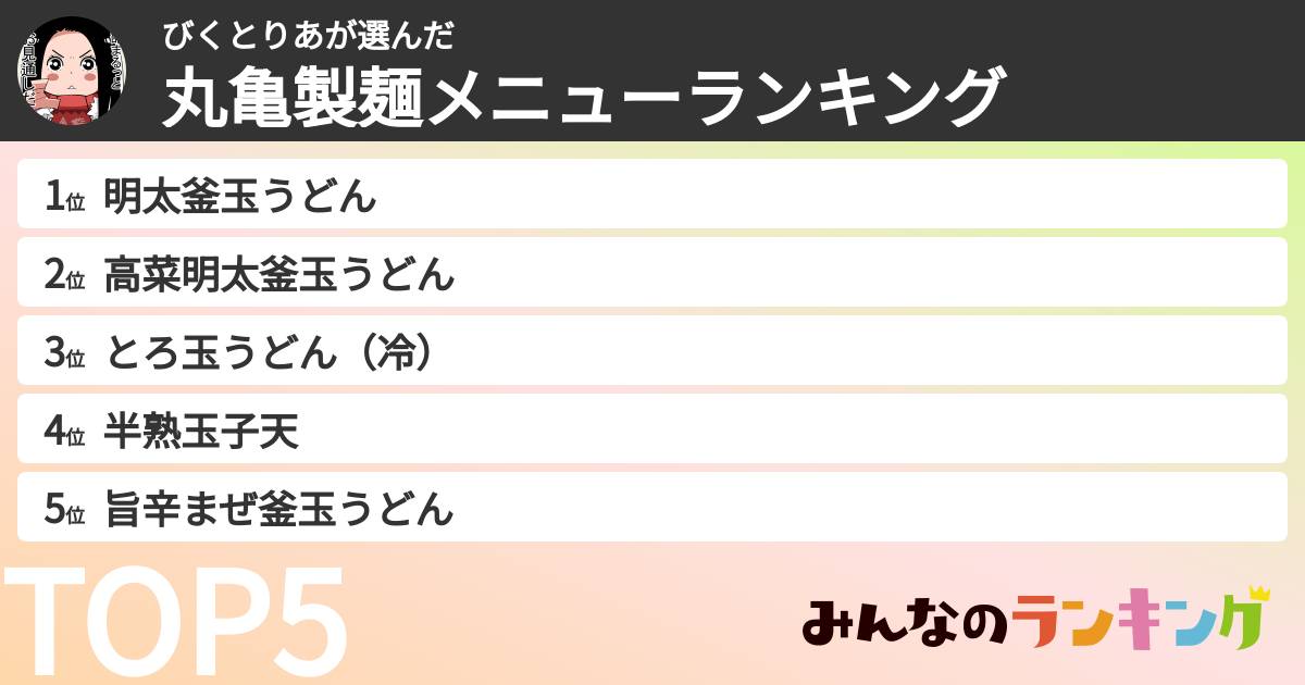 びくとりあさんの「丸亀製麺メニューランキング」