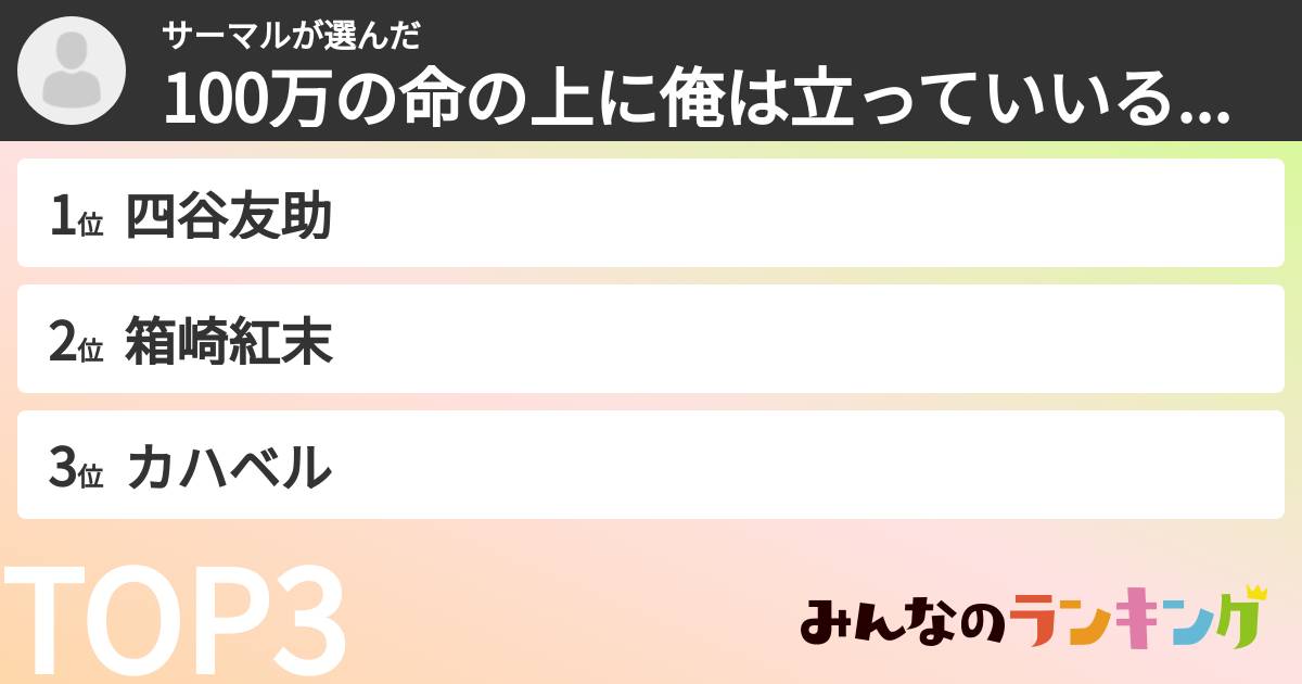 サーマルさんの「100万の命の上に俺は立っていいるキャラランキング」