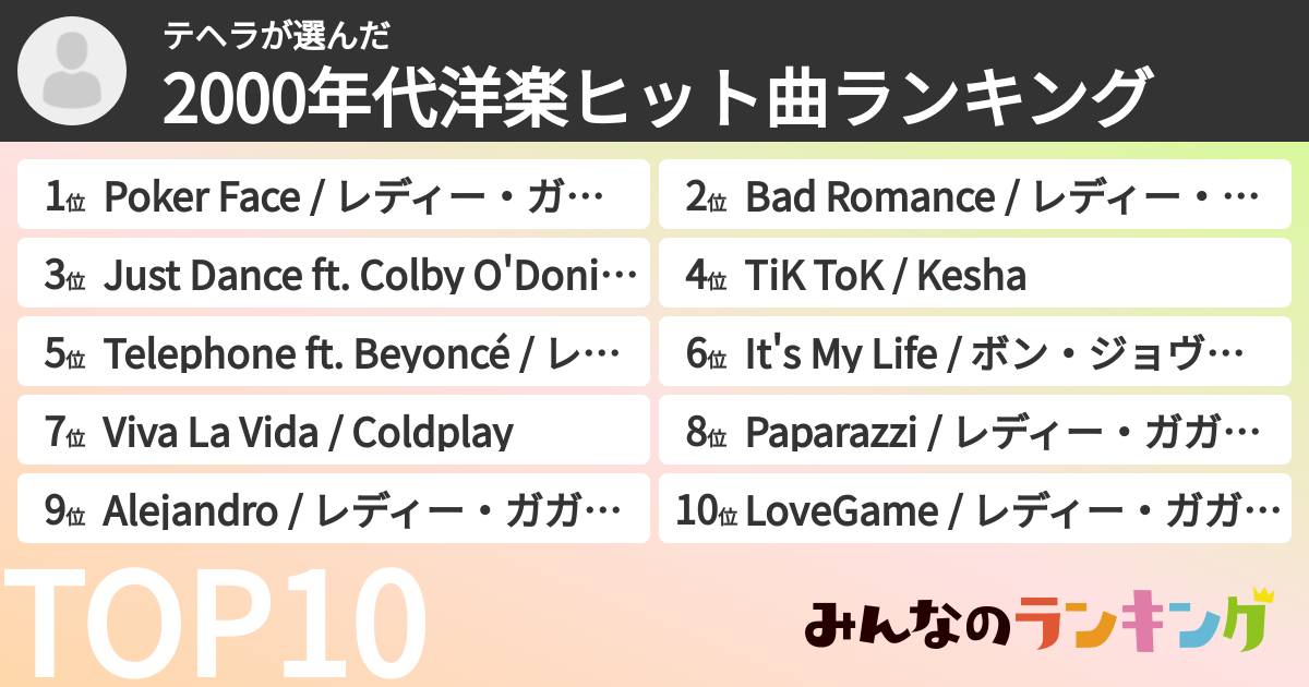 テヘラさんの「2000年代洋楽ヒット曲ランキング」