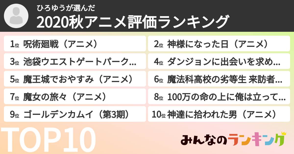 ひろゆうさんの「2020秋アニメ評価ランキング」
