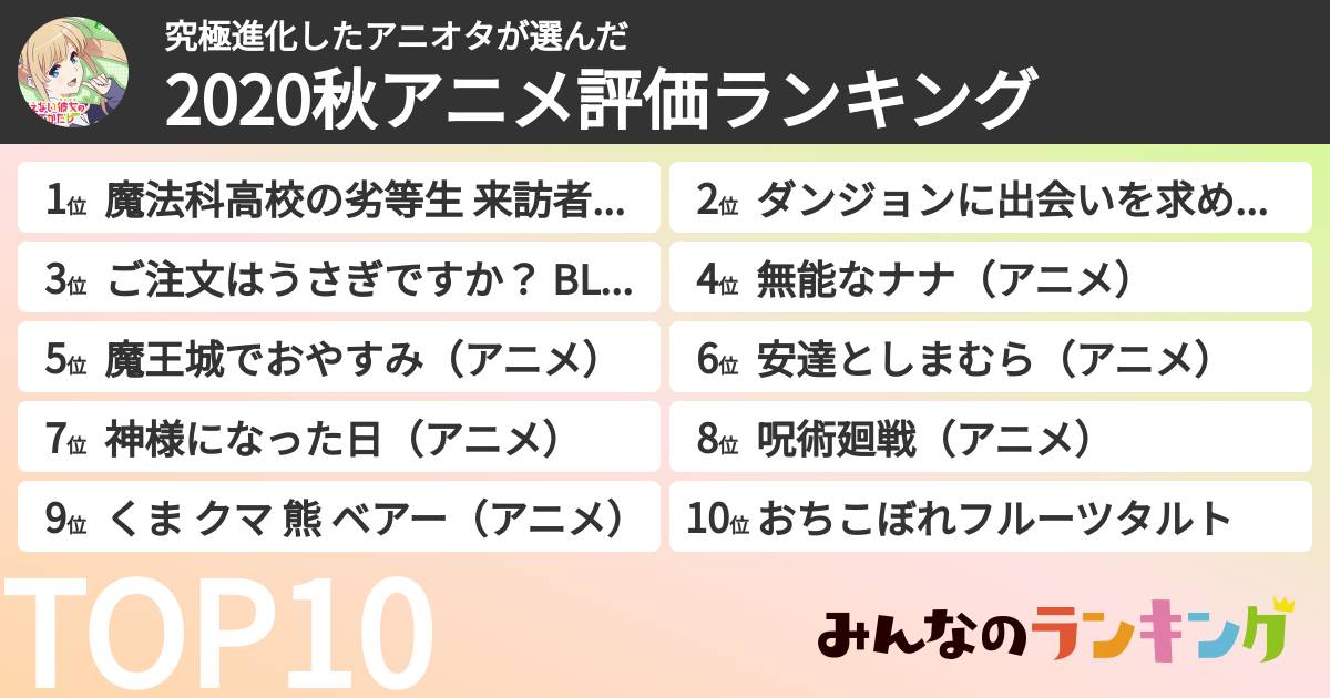 究極進化したアニオタさんの「2020秋アニメ評価ランキング」