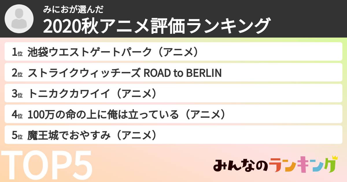 みにおさんの「2020秋アニメ評価ランキング」