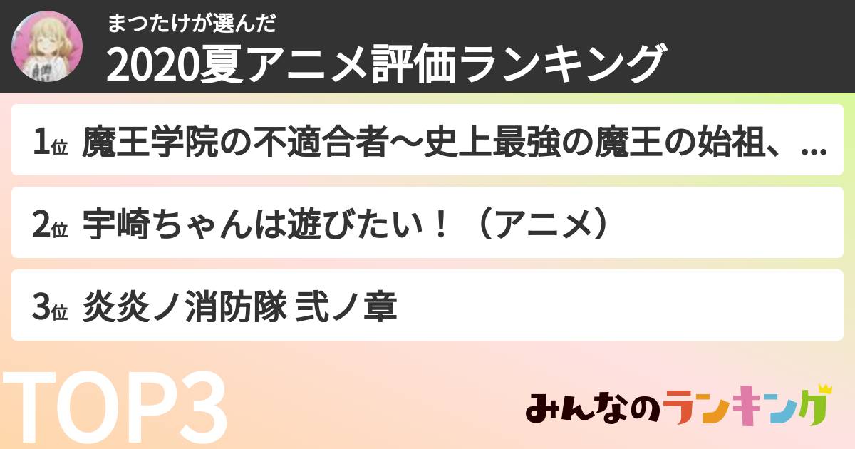 まつたけさんの「2020夏アニメ評価ランキング」