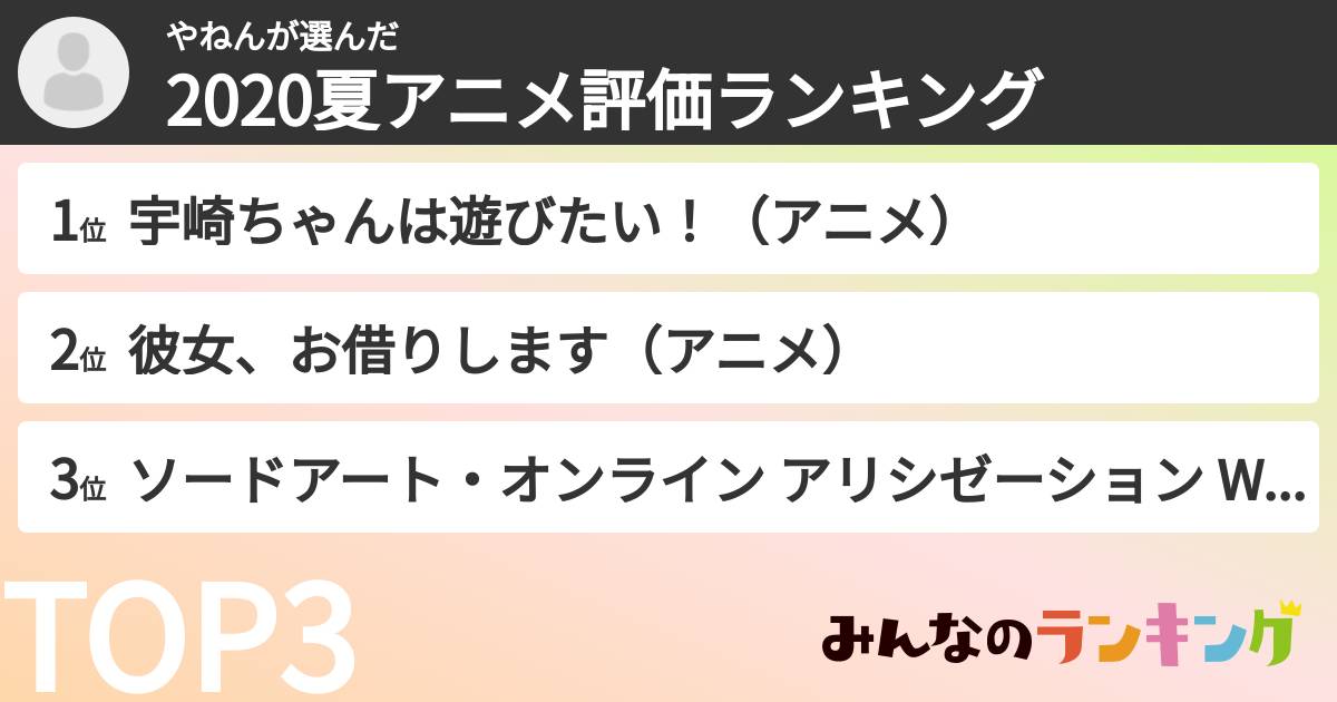 やねんさんの「2020夏アニメ評価ランキング」