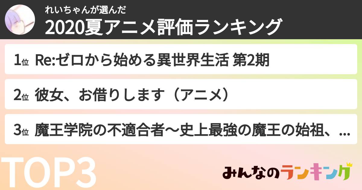 れいちゃんさんの「2020夏アニメ評価ランキング」
