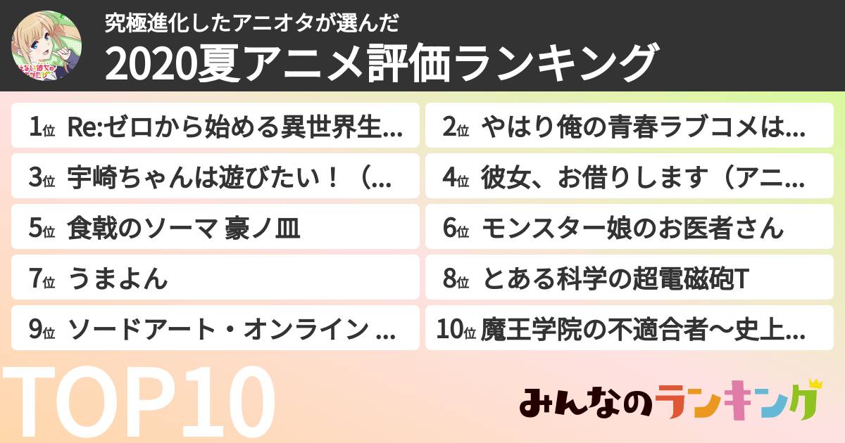 究極進化したアニオタさんの「2020夏アニメ評価ランキング」