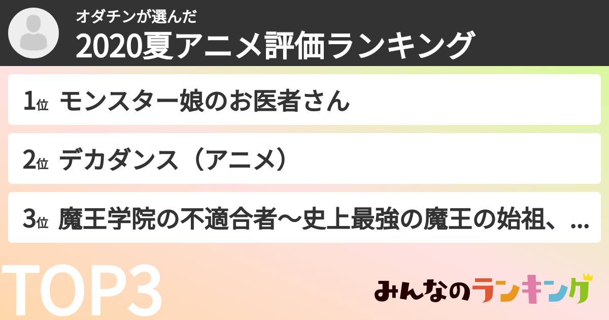 オダチンさんの「2020夏アニメ評価ランキング」