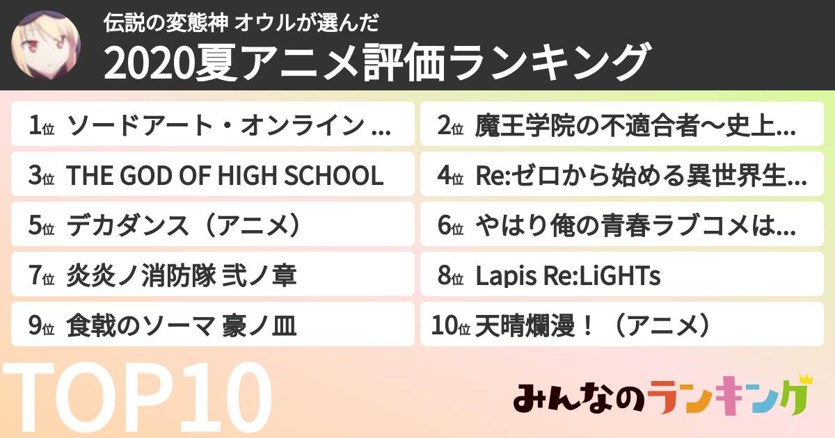 伝説の変態神 オウルさんの「2020夏アニメ評価ランキング」