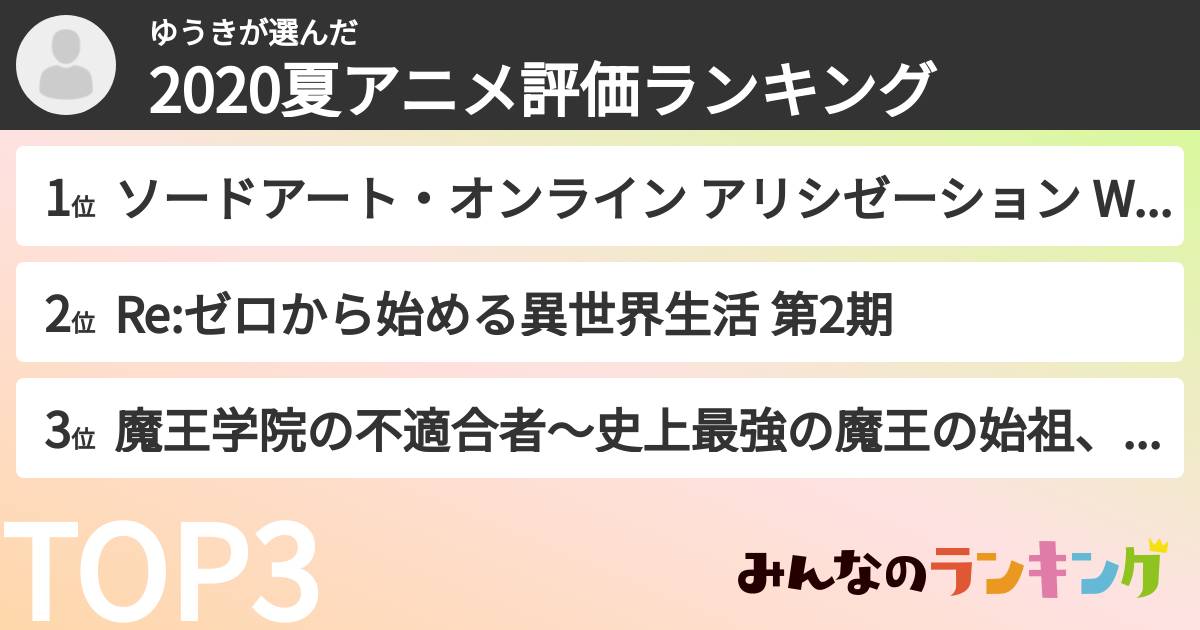 ゆうきさんの「2020夏アニメ評価ランキング」