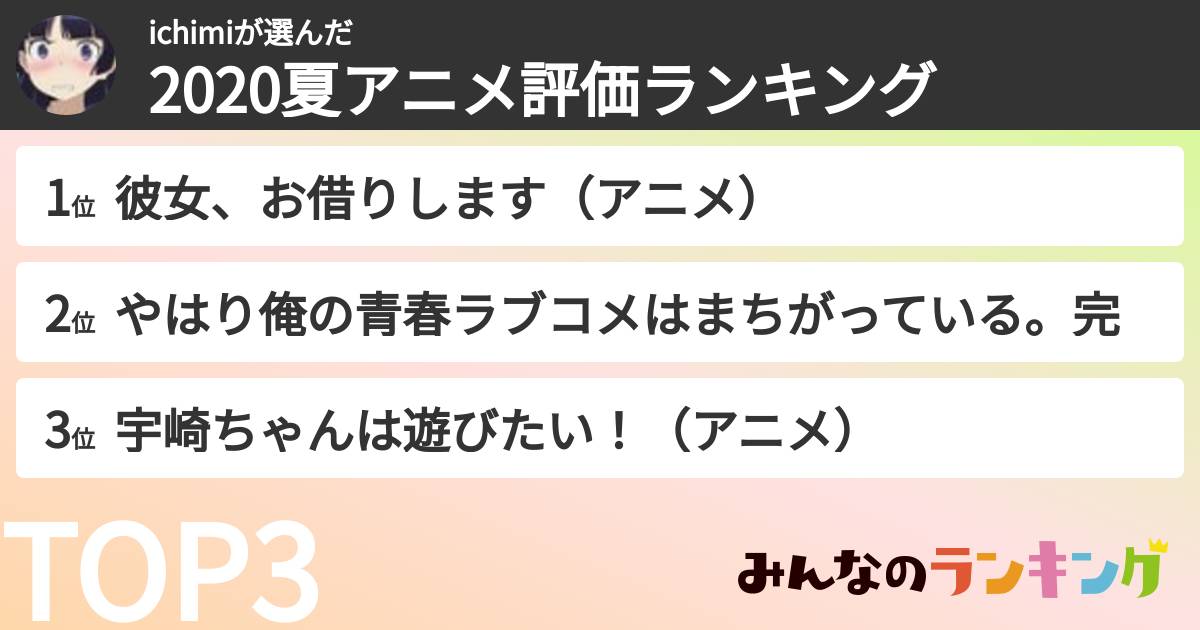 ichimiさんの「2020夏アニメ評価ランキング」