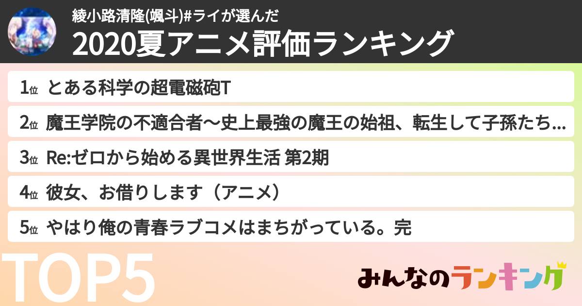 綾小路清隆(颯斗)#ライさんの「2020夏アニメ評価ランキング」