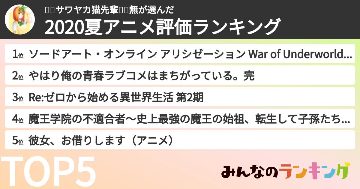 🍀🐾サワヤカ猫先輩🐾🍀無さんの「2020夏アニメ評価ランキング」