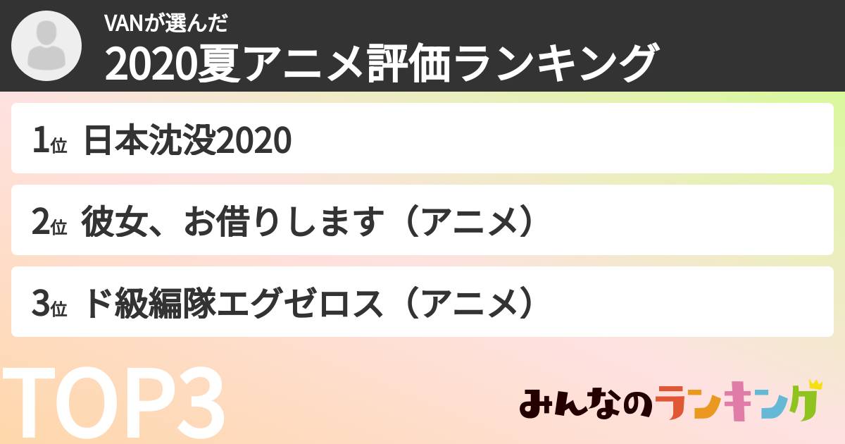 VANさんの「2020夏アニメ評価ランキング」