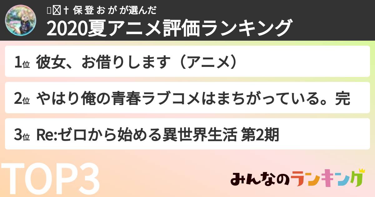🌈✙† 保 登 お が さんの「2020夏アニメ評価ランキング」