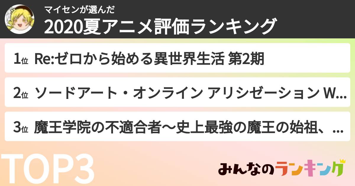 マイセンさんの「2020夏アニメ評価ランキング」