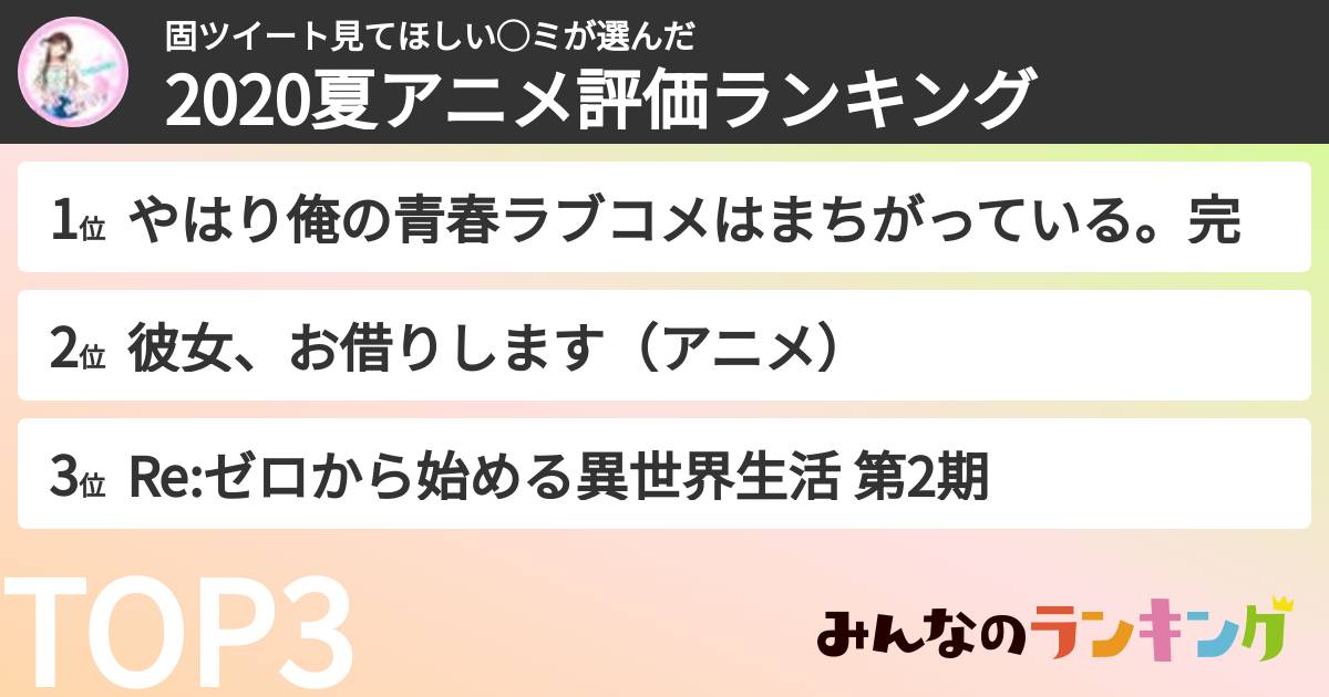 固ツイート見てほしい◯ミさんの「2020夏アニメ評価ランキング」