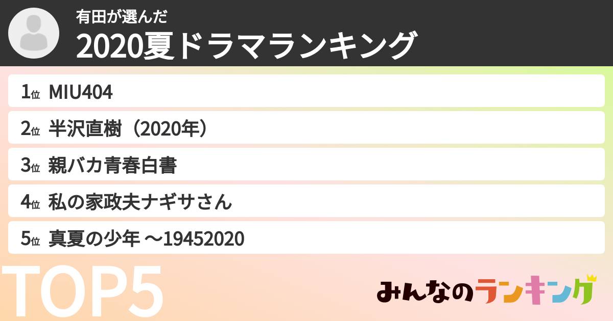 有田さんの「2020夏ドラマランキング」