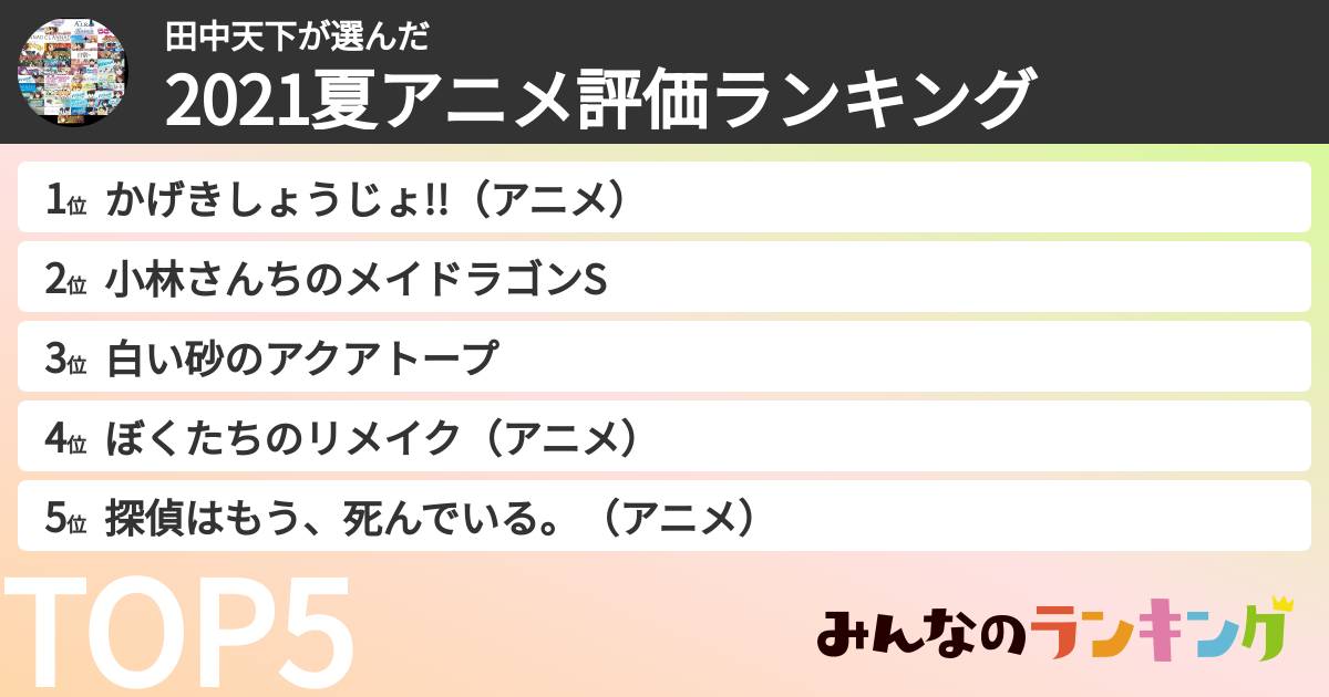 田中天下さんの「2021夏アニメ評価ランキング」