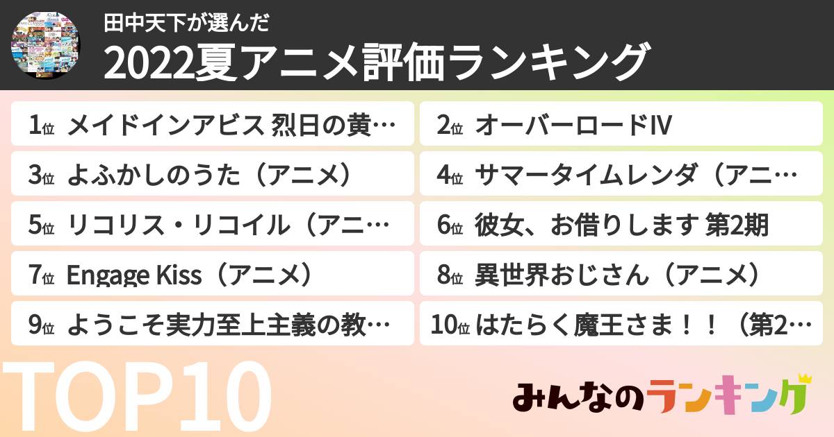 田中天下さんの「2022夏アニメ評価ランキング」