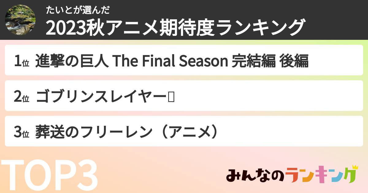 たいとさんの「2023秋アニメ期待度ランキング」