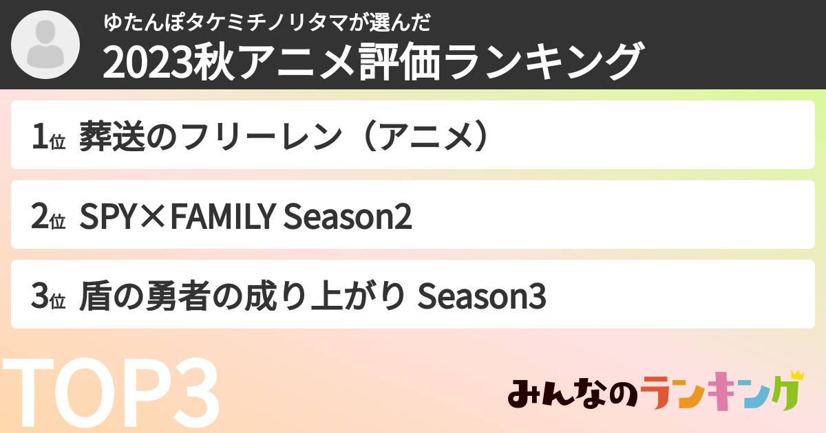 ゆたんぽタケミチノリタマさんの「2023秋アニメ評価ランキング」