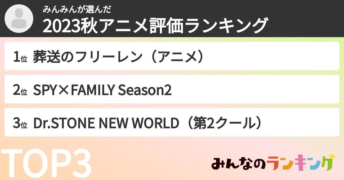 みんみんさんの「2023秋アニメ評価ランキング」