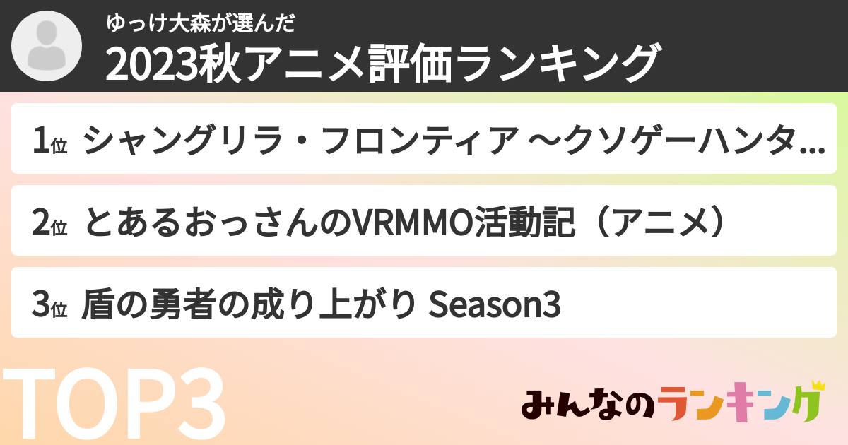 ゆっけ大森さんの「2023秋アニメ評価ランキング」