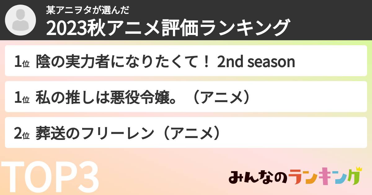 某アニヲタさんの「2023秋アニメ評価ランキング」