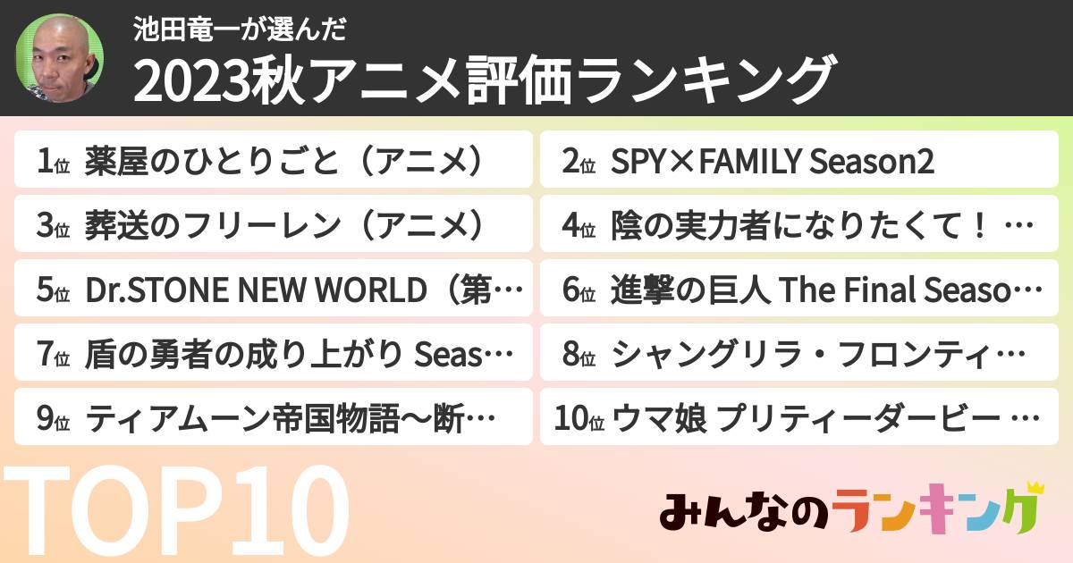 池田竜一さんの「2023秋アニメ評価ランキング」