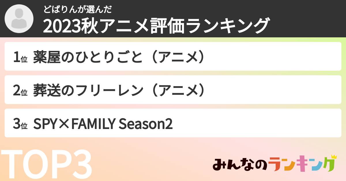 どばりんさんの「2023秋アニメ評価ランキング」