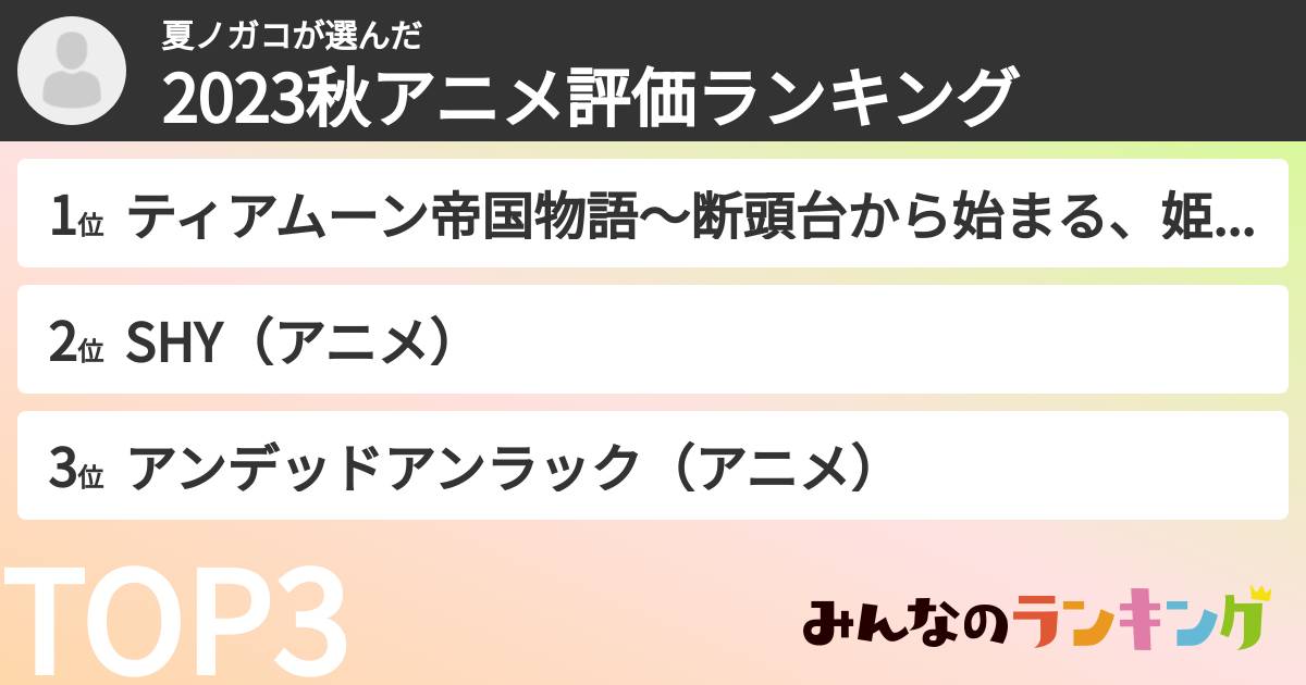 夏ノガコさんの「2023秋アニメ評価ランキング」