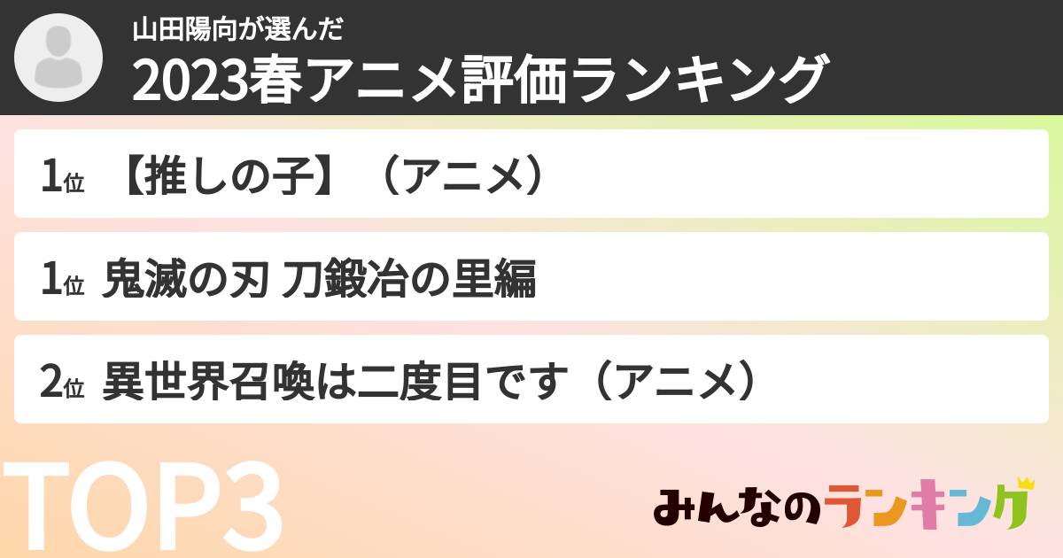 山田陽向さんの「2023春アニメ評価ランキング」