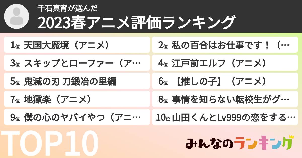 千石真宵さんの「2023春アニメ評価ランキング」