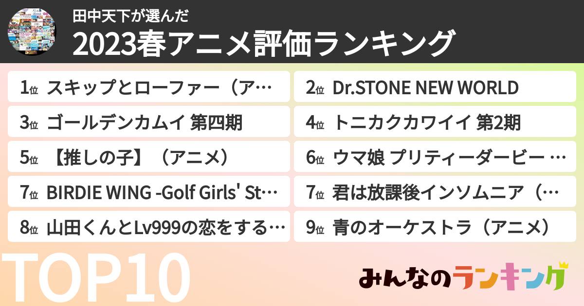 田中天下さんの「2023春アニメ評価ランキング」