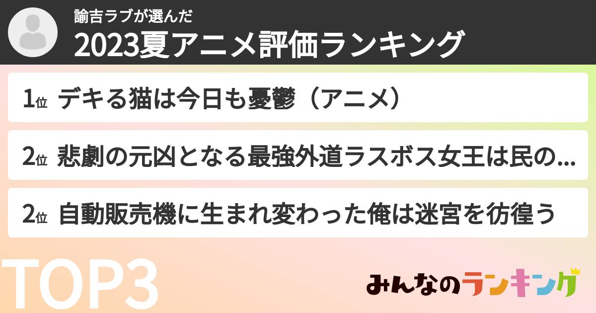 諭吉ラブさんの「2023夏アニメ評価ランキング」