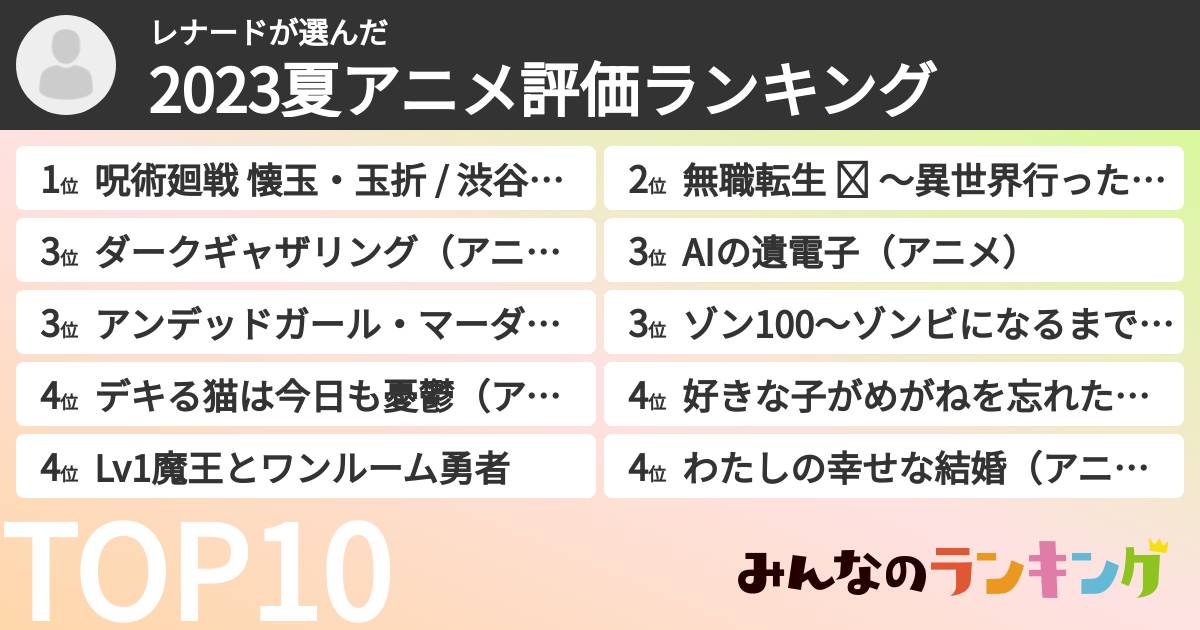 レナードさんの「2023夏アニメ評価ランキング」