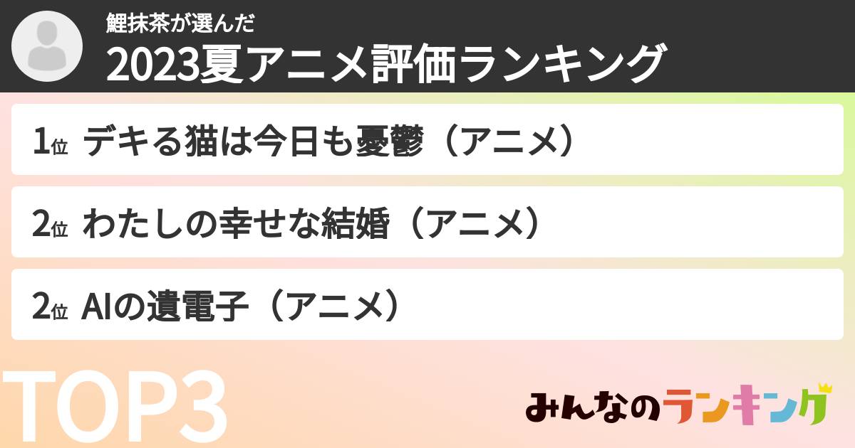 鯉抹茶さんの「2023夏アニメ評価ランキング」