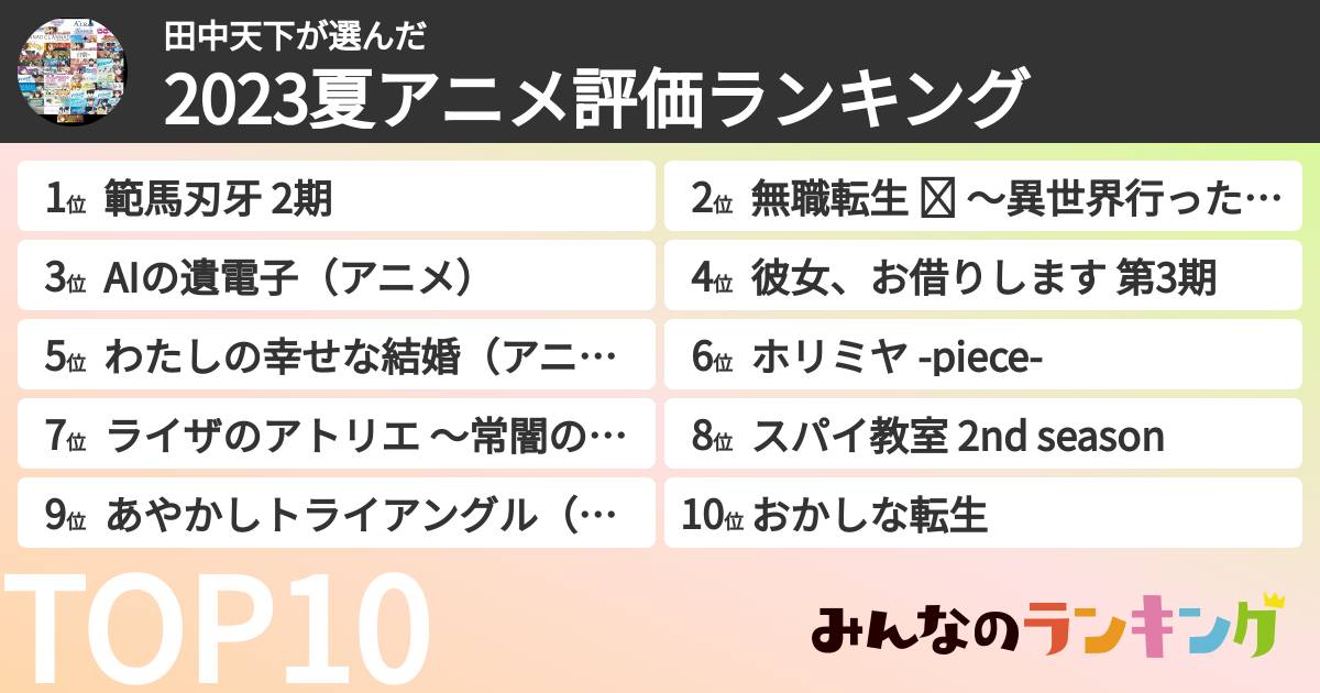 田中天下さんの「2023夏アニメ評価ランキング」