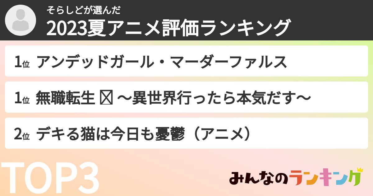 そらしどさんの「2023夏アニメ評価ランキング」