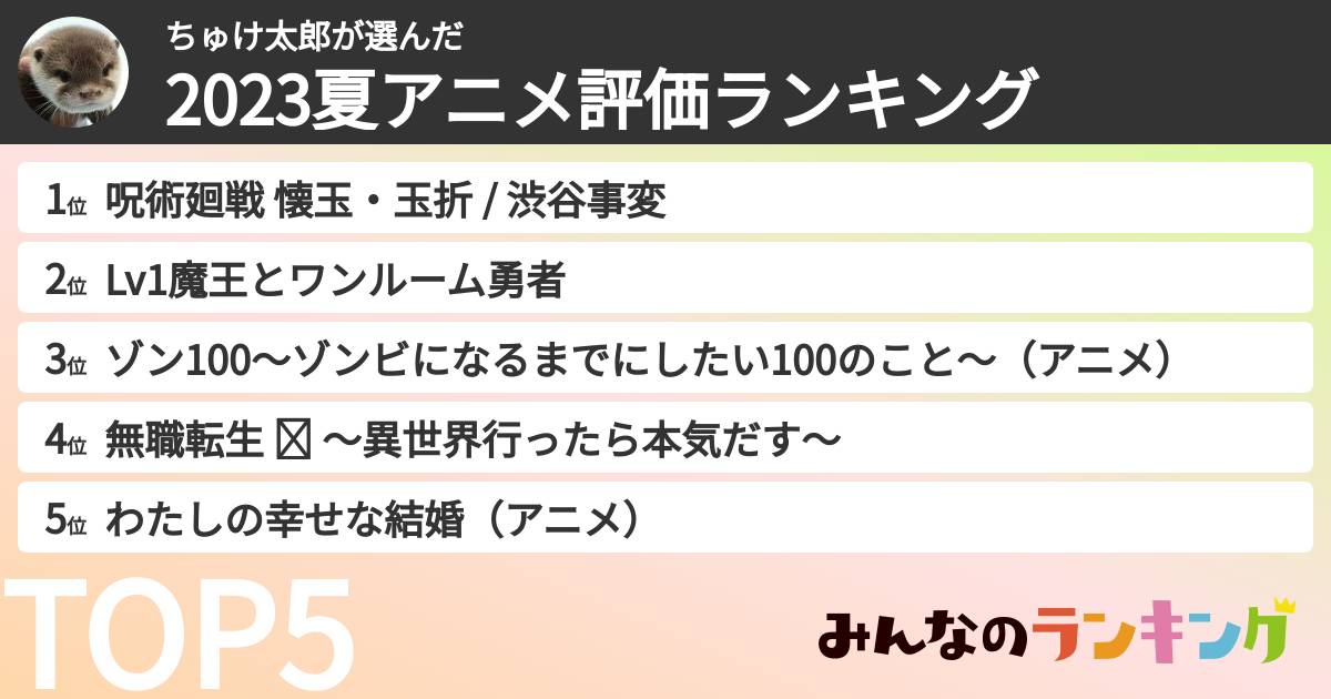 ちゅけ太郎さんの「2023夏アニメ評価ランキング」