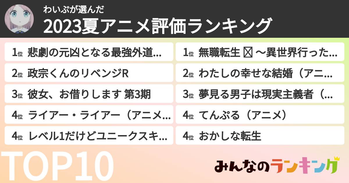 わいぷさんの「2023夏アニメ評価ランキング」