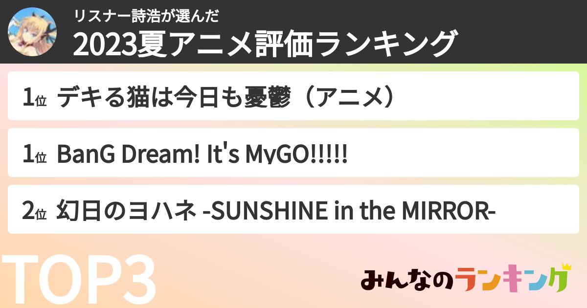 リスナー詩浩さんの「2023夏アニメ評価ランキング」