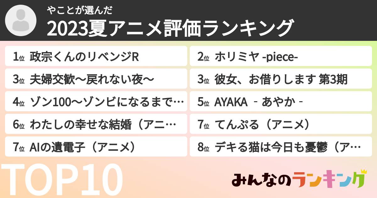 やことさんの「2023夏アニメ評価ランキング」