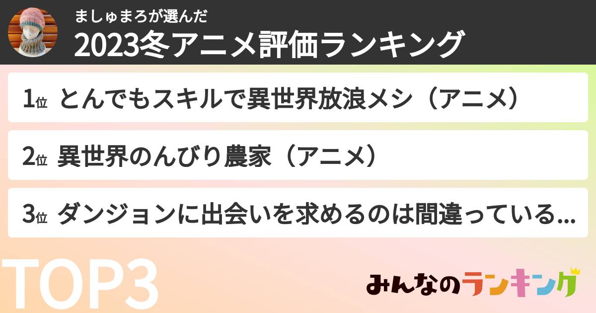 ましゅまろさんの「2023冬アニメ評価ランキング」