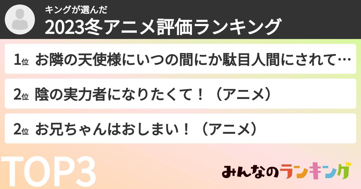 キングさんの「2023冬アニメ評価ランキング」
