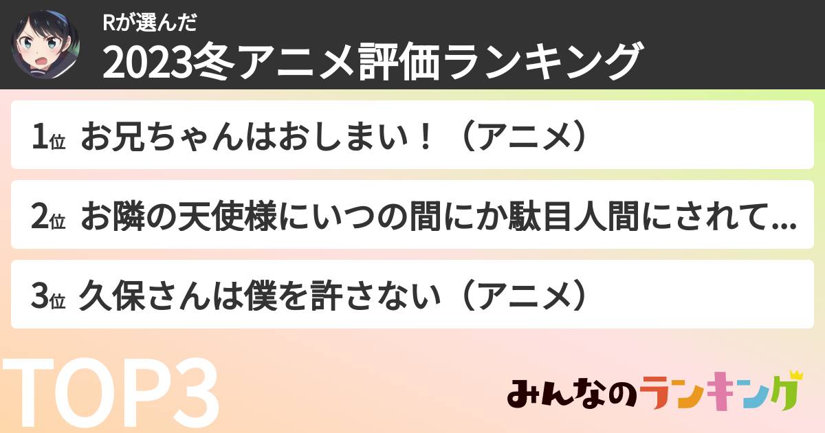 Rさんの「2023冬アニメ評価ランキング」