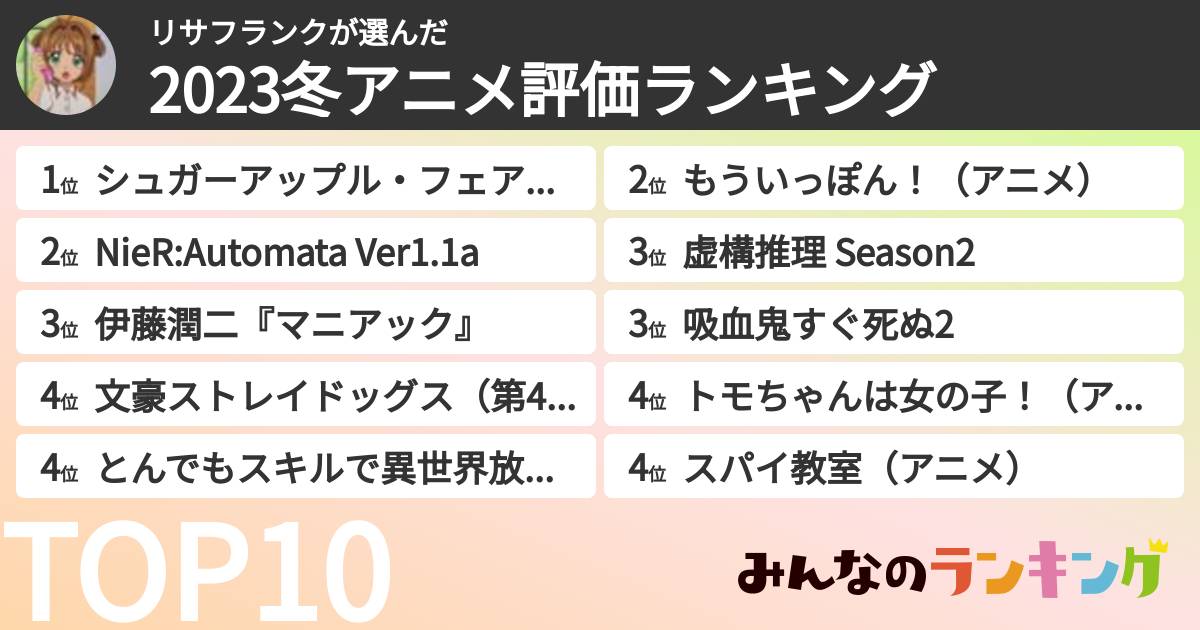 リサフランクさんの「2023冬アニメ評価ランキング」