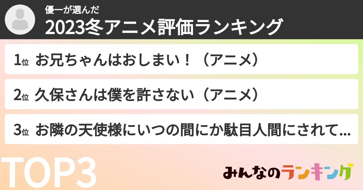 優一さんの「2023冬アニメ評価ランキング」