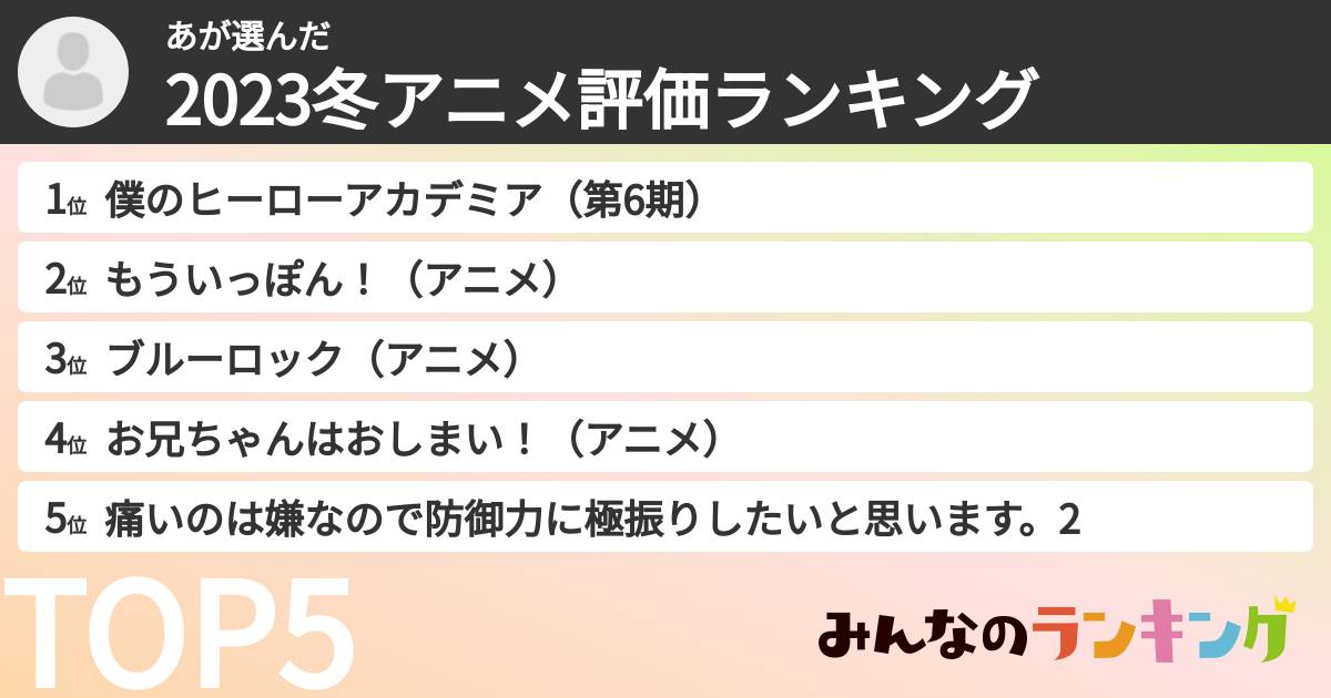 あさんの「2023冬アニメ評価ランキング」